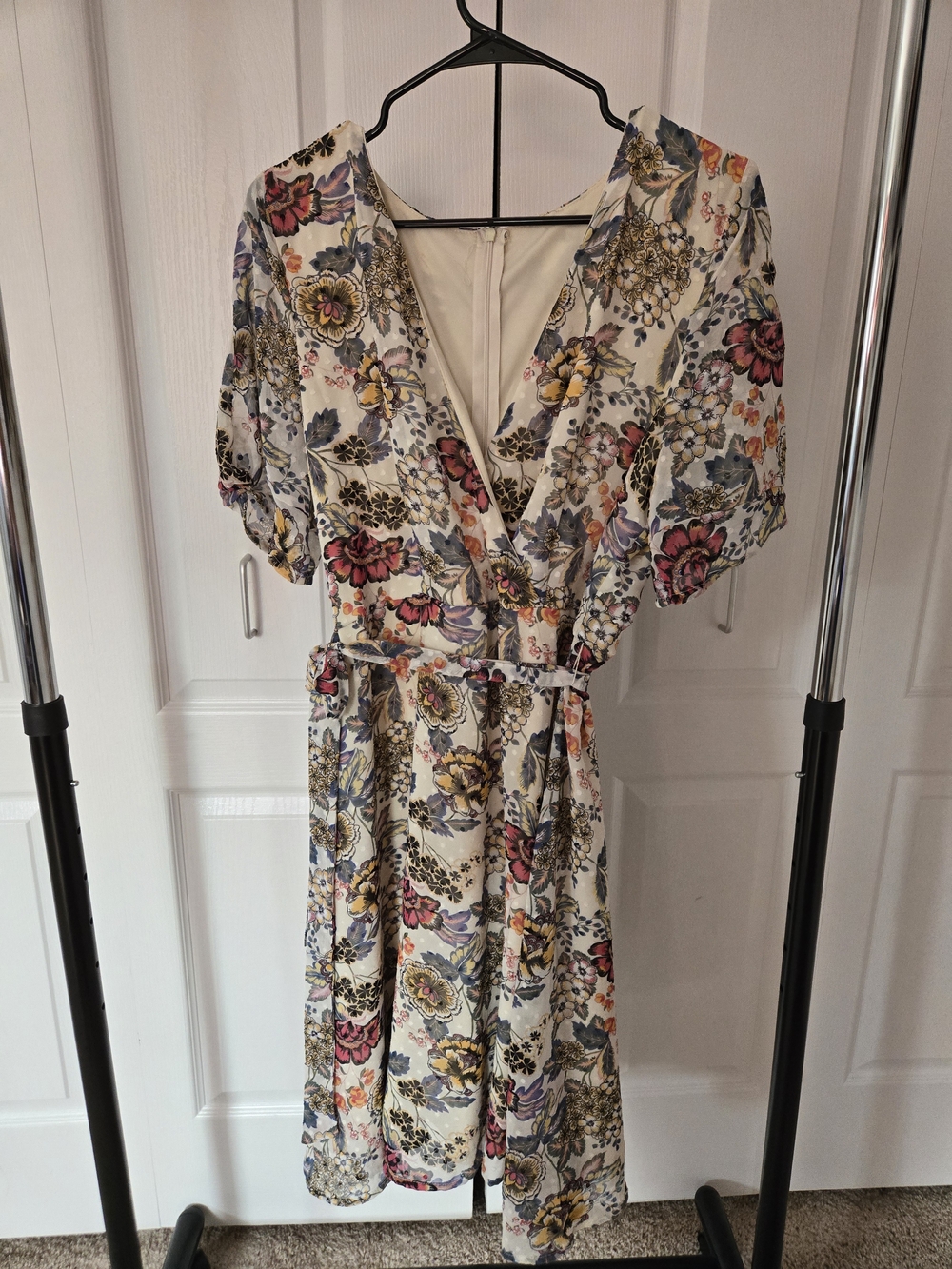 Floral V-Neck Wrap Dress in Cream with Multicolor Blooms